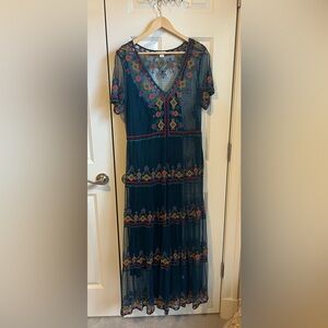 Sundance Turquoise Maxi Dress with Multicolor Embroidery and Slip